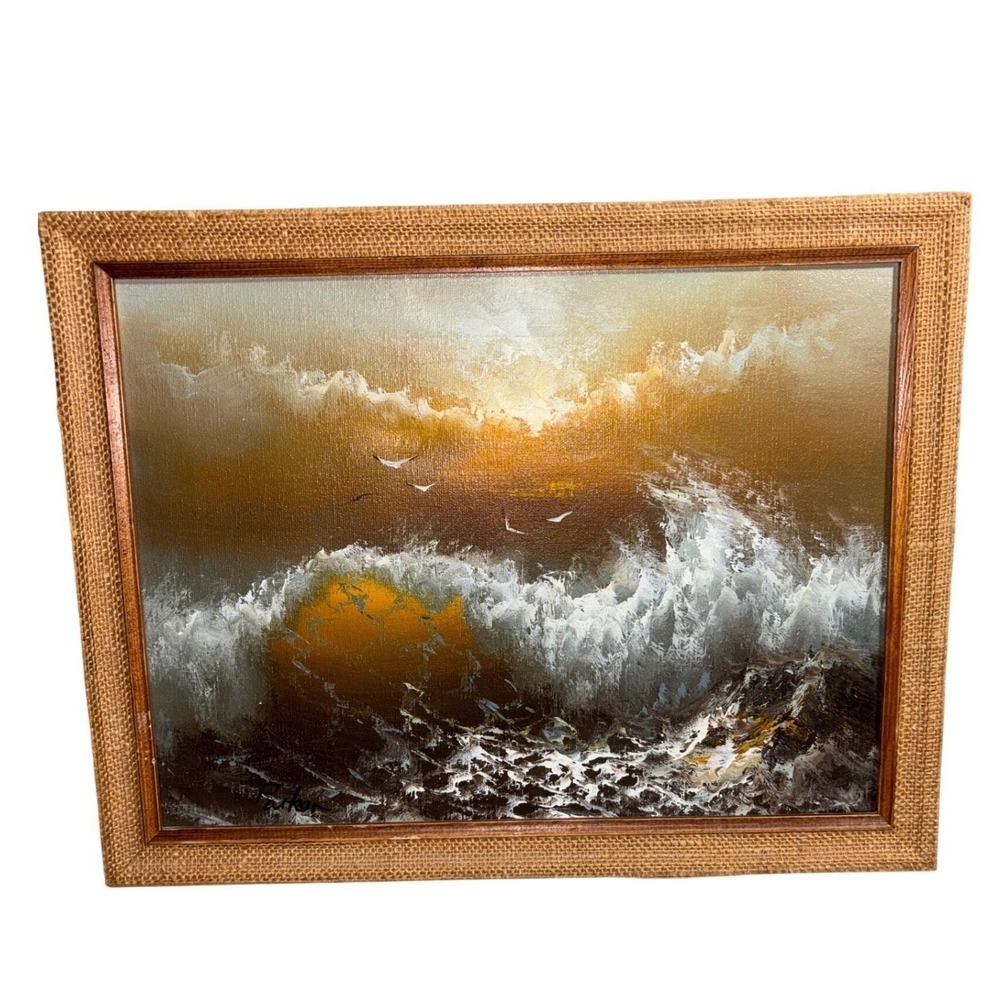 Parker Signed Inspired Oil Painting Seascape Crashing Waves Sunset Framed Ocean